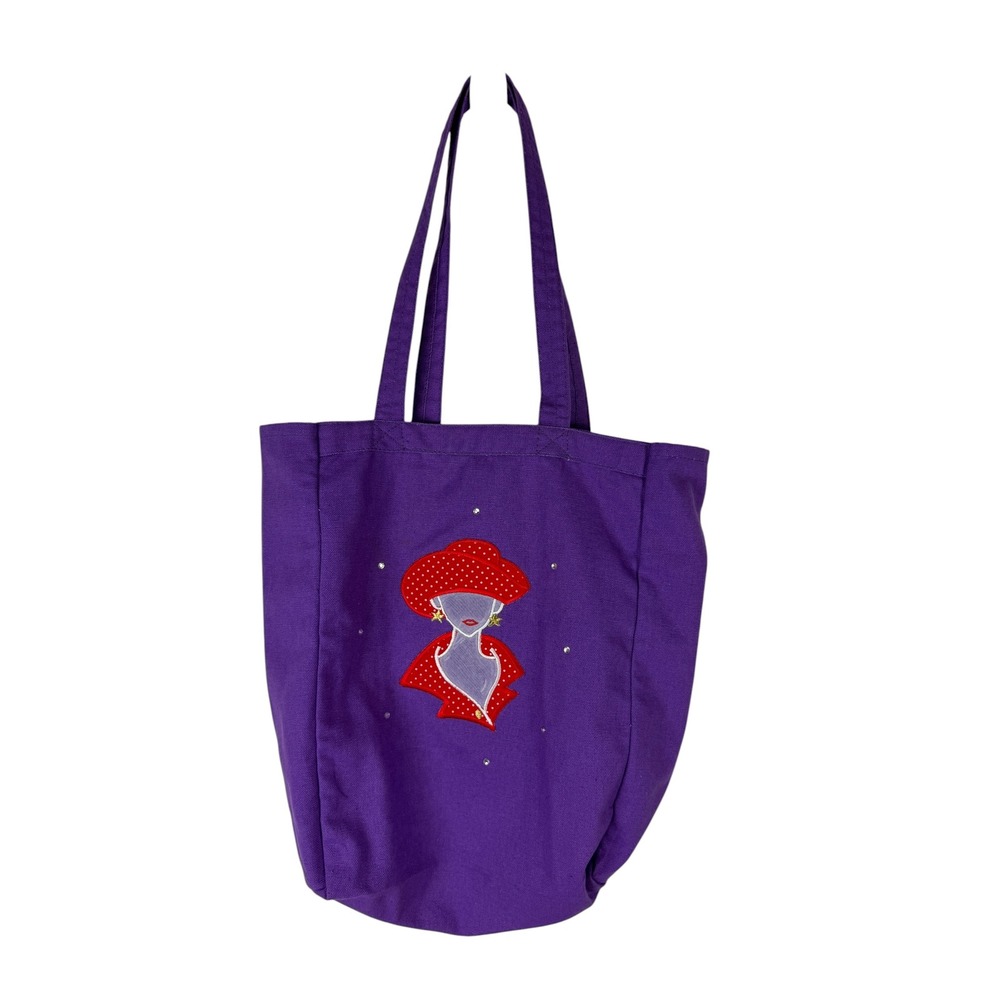 Purple Canvas Tote Bag Red Hat Polka Dot Woman Embroidery Rhinestone Graphic